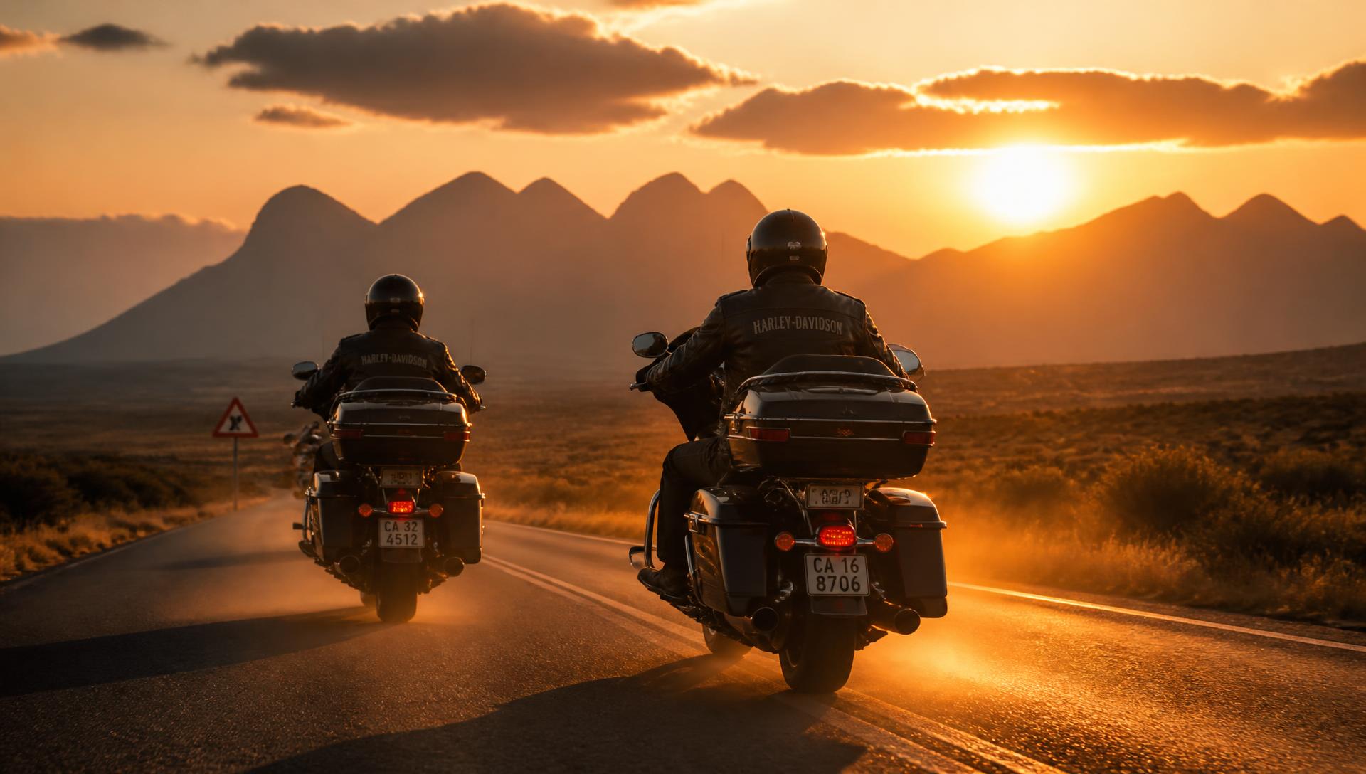 Two riders on Harley-Davidson motorcycles riding into a South African sunset